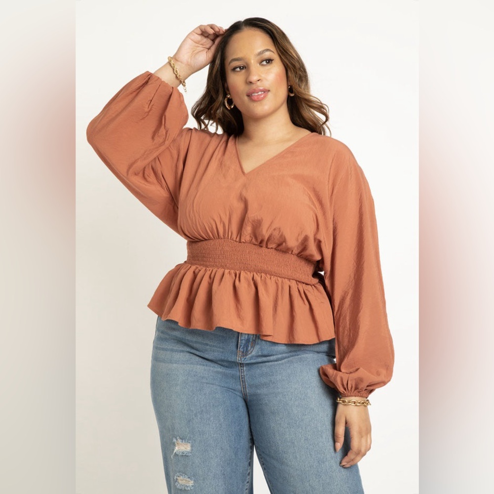 Eloquii Size 18 Copper Smocked-Waist Peplum V-Neck top P2P:23” L:23” Rayon blend